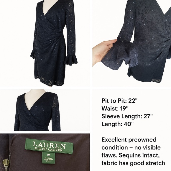 Lauren Ralph Lauren Navy Lace Sequin Bell Sleeve Cocktail Dress 18 Stretch Wrap - Picture 1 of 12